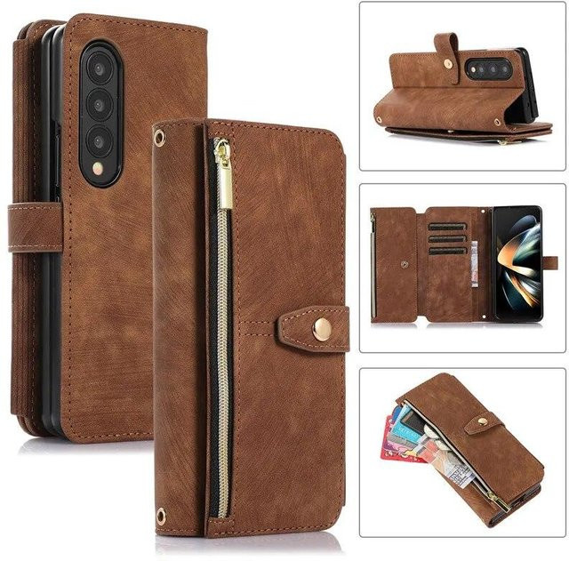 Lange Lanyard Ledertasche für Samsung Galaxy Z Fold, Z Flip und S24 S23 S22 Ultra sowie iPhone 15 Pro mit Reißverschluss und Kartenfach in Braun - Bild 1