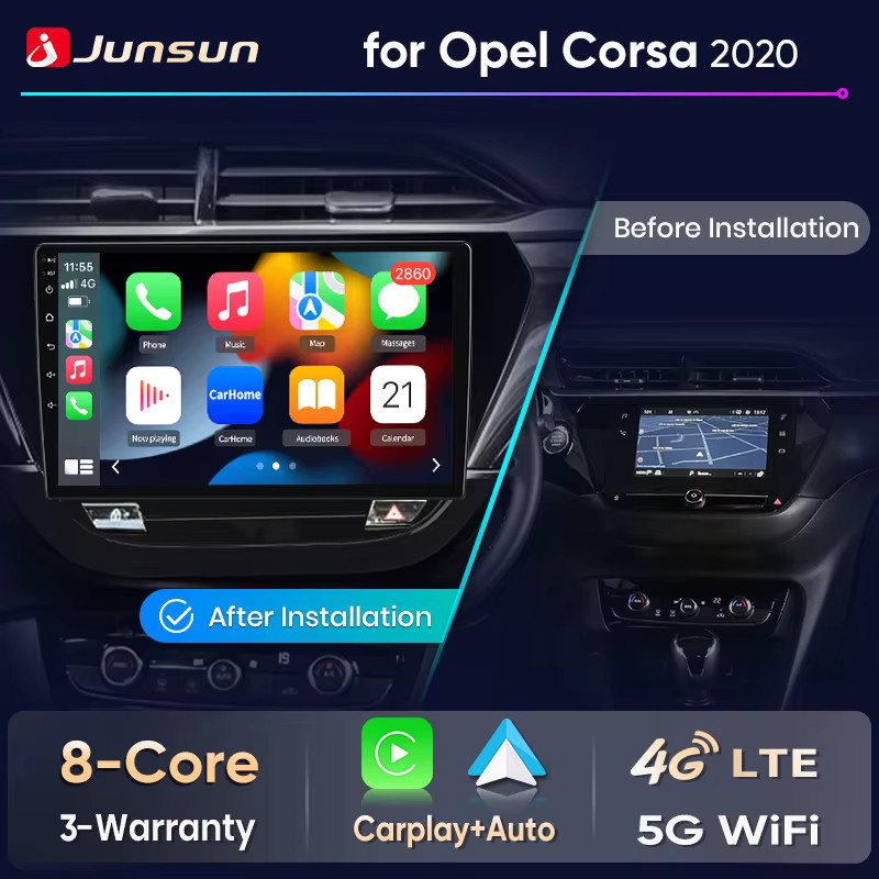 Junsun Kabelloses CarPlay und Android Auto Autoradio für Opel Corsa F 2019-2023, 2DIN Multimedia-Player mit GPS, Bluetooth, WiFi, 4G, Mirror Link und Lenkradsteuerung in Schwarz - Bild 2