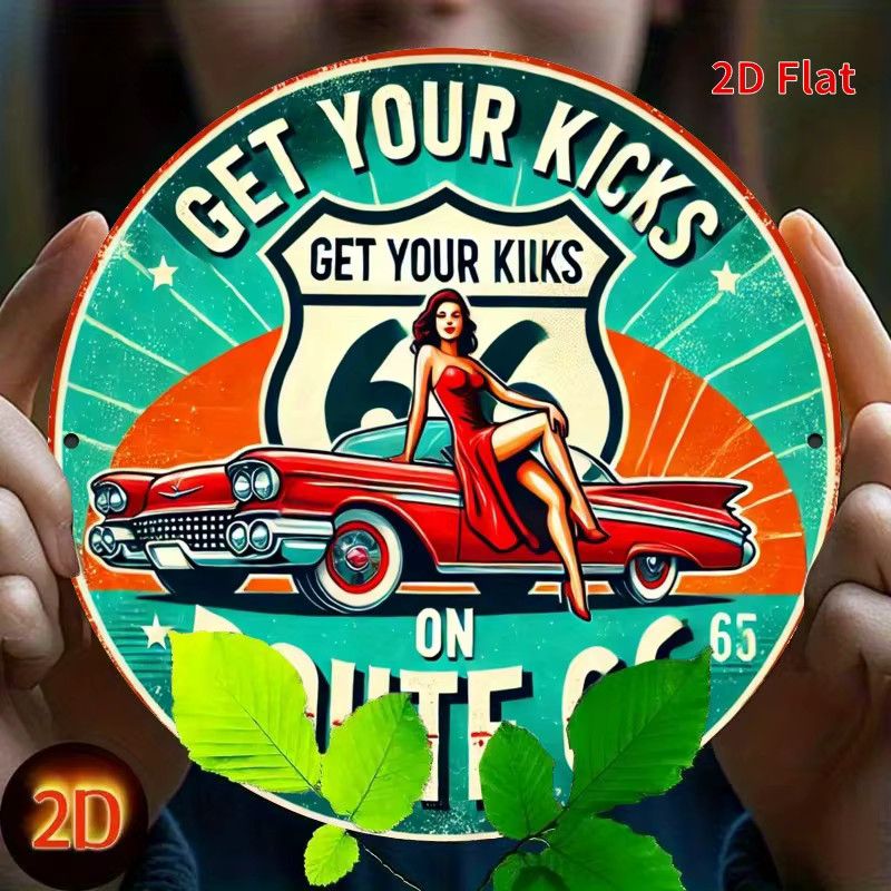 Potdemiel Rundes Metallschild Vintage Red Car on Route 66 Wandkunst Multicolor Durchmesser: 19,81 cm - Bild 2