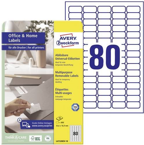 Avery Zweckform L4732REV-10 Universal-Etiketten Weiß, 800 Stück, wiederablösbar, Papier, 35,6 x 16,9 mm - Bild 1