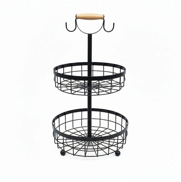 Relaxdays Obstkorb Etagere aus Metall in Schwarz, zweistöckig mit Holzgriff und Haken, Höhe: 53 cm, Breite: 28,5 cm - Bild 1
