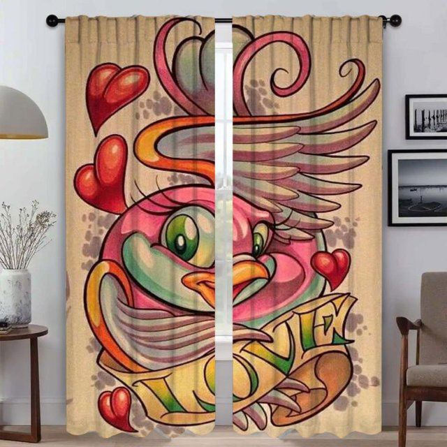 2er-Set Moderne Verdunkelungsvorhänge mit New School Tattoo Motiv, Mehrfarbig, Breite: 50 cm, Höhe: 70 cm - Bild 1