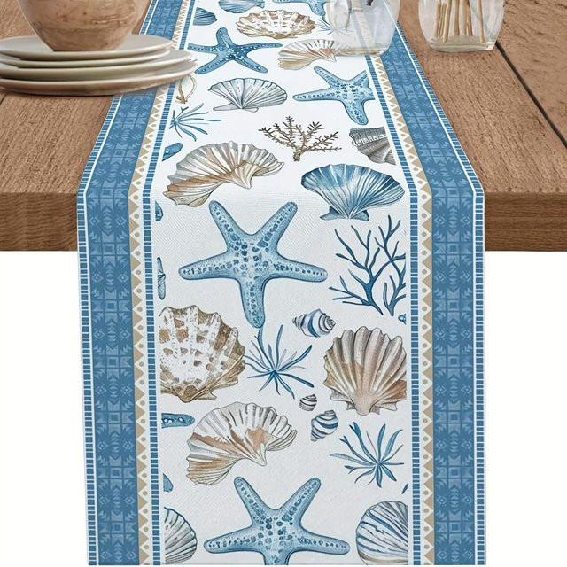 JMG Household Supplies Leinen Tischläufer mit Ozean-Motiv in Blau und Grau gestreift, B/L: 150 cm - Bild 1