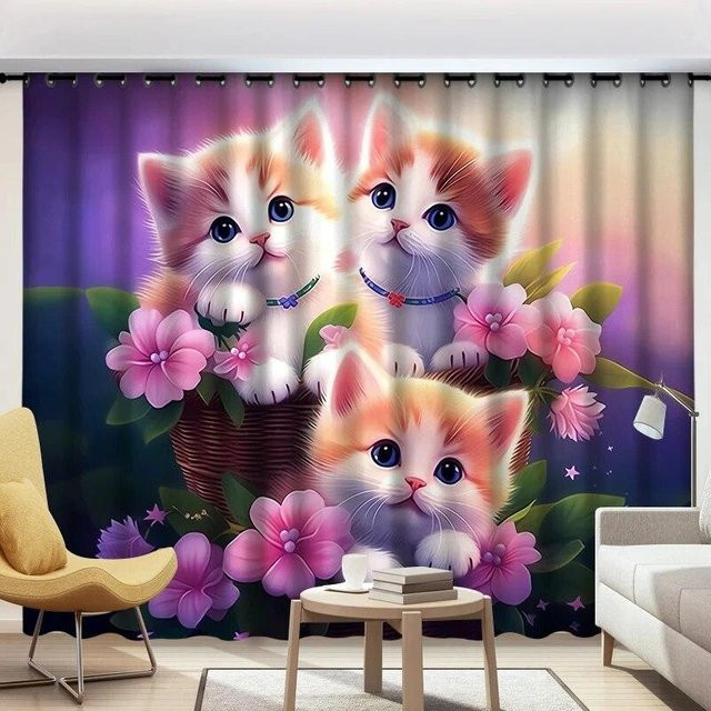 A Family Of Home Textiles Verdunkelungsvorhänge mit Katzenmuster für Kinderzimmer, 2er-Set, Mehrfarbig, Breite: 50 cm, Höhe: 130 cm - Bild 1