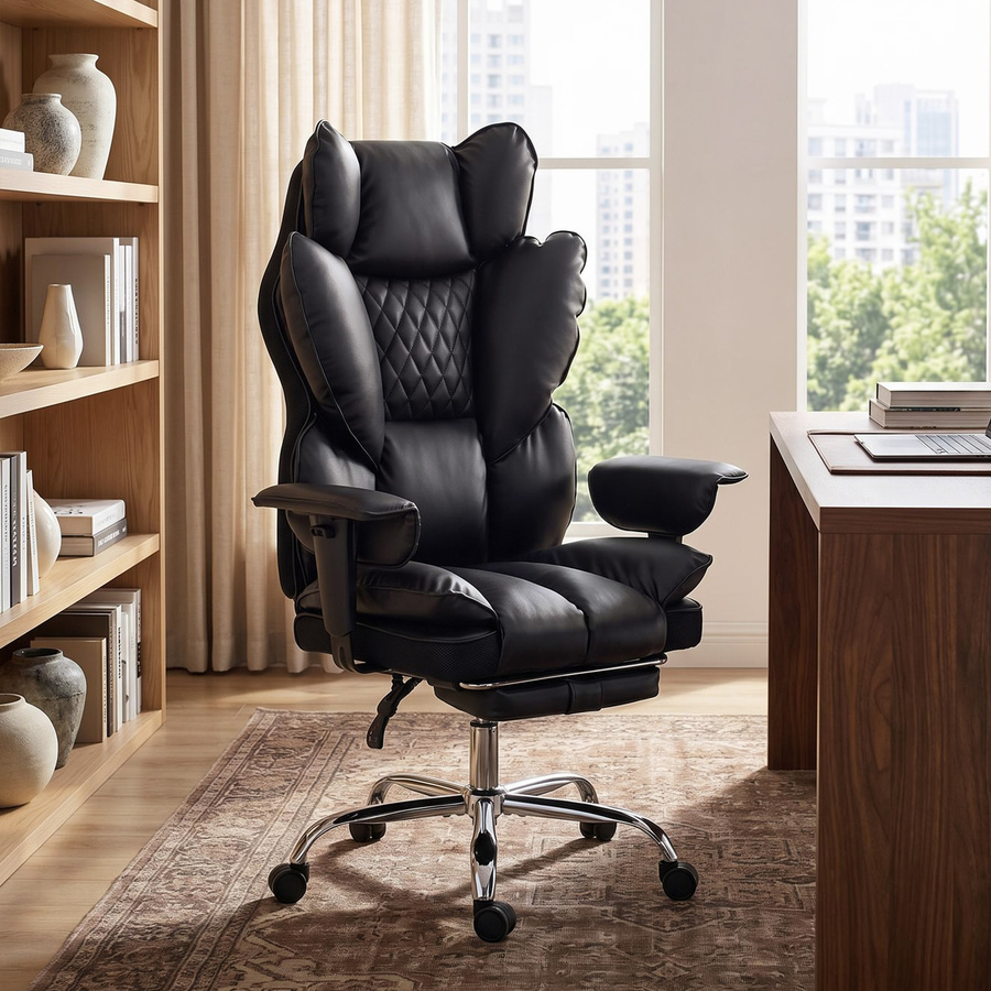 HOMCOM Chefsessel Schwarz aus Kunstleder mit Fußstütze, verstellbarer Kopfstütze und Lendenstütze, ergonomischer Bürostuhl mit Taschenfederkern bis 180 kg Belastbarkeit - Bild 2