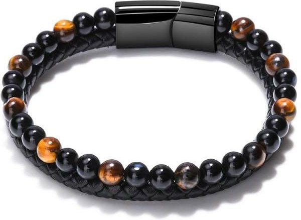 YIRAN Jewelry Armband, Tigerauge, Vulkanstein, Perlen, Rindsleder, Herren, Schwarz - Bild 1