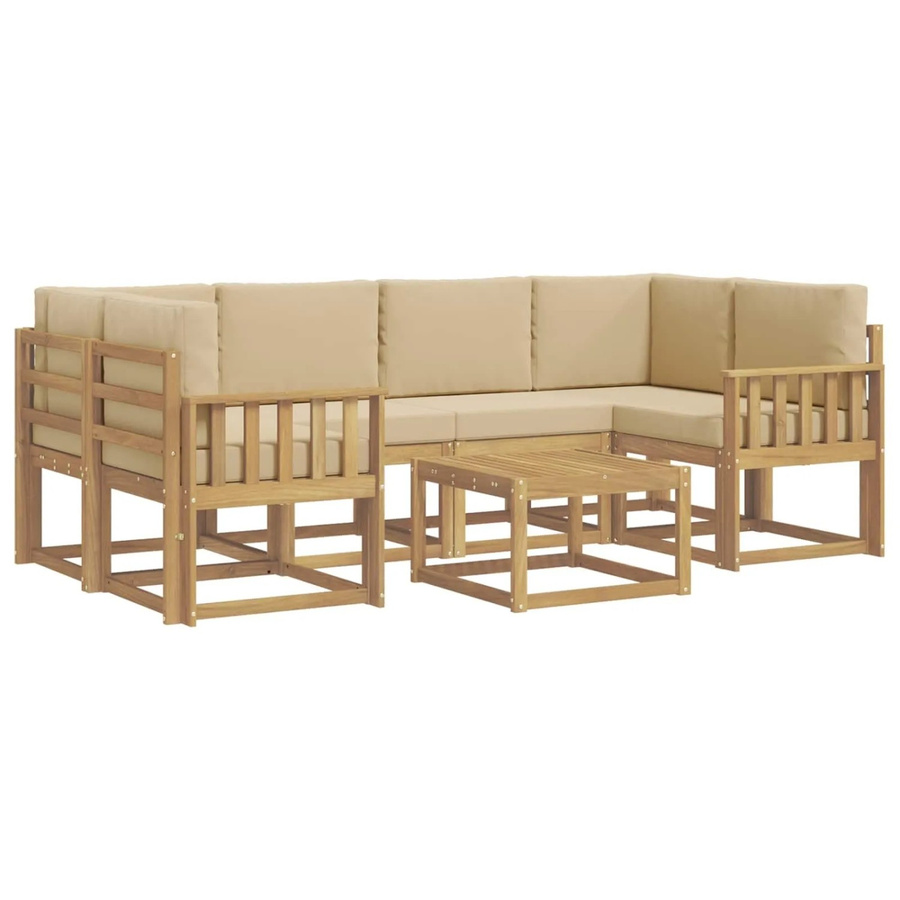 vidaXL Outdoor-Sofagarnitur aus Akazienholz in L-Form mit Kissen und Couchtisch, 7-teiliges Set in Weiß, Beige und Braun - Bild 2