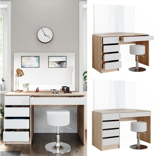 Vicco Schminktisch Sherry Set in Weiß und Sonoma mit Spiegel, Kommode und Hocker, Breite: 120 cm, Tiefe: 55 cm, Höhe: 75 cm - Bild 1
