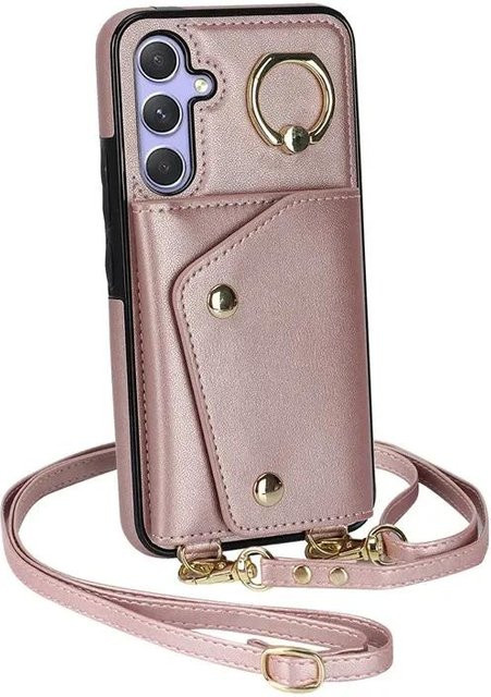 Leder Crossbody Tasche mit Ring und Reißverschluss als Handyhülle für Samsung Galaxy S26 Ultra S25 FE S24 Plus S23 S22 S21 Note 20 in Pink mit Lanyard - Bild 1