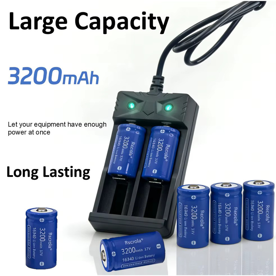 Rscrola Wiederaufladbare 16340 Li-Ionen-Batterie mit Ladegerät, 3200 mAh, 3 V, Blau, passend für Arlo VMC3030 Security Devices - Bild 2