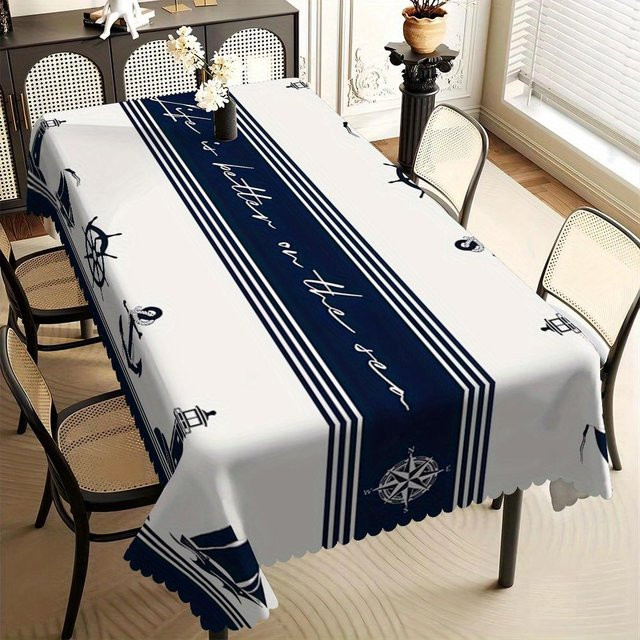 Maritime Tischdecke von JINGYUE Pet in Weiß mit Anker-, Kompass- und Segelboot-Aufdruck sowie Zackensaum, B/L: 140 x 240 cm - Bild 1