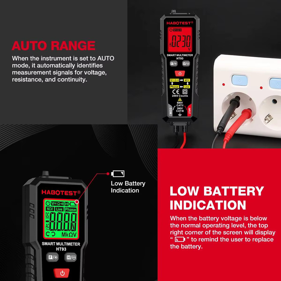HABOTEST HT93 Digitales Multimeter True RMS Spannungsprüfer mit NCV und Phasentest in Schwarz - Bild 3