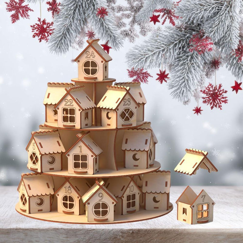 Fashnics Holzer Adventskalender Haus mit 24 Häusern in Braun als DIY Bastelset für Kinder und Familien zur Weihnachtsdekoration - Bild 3