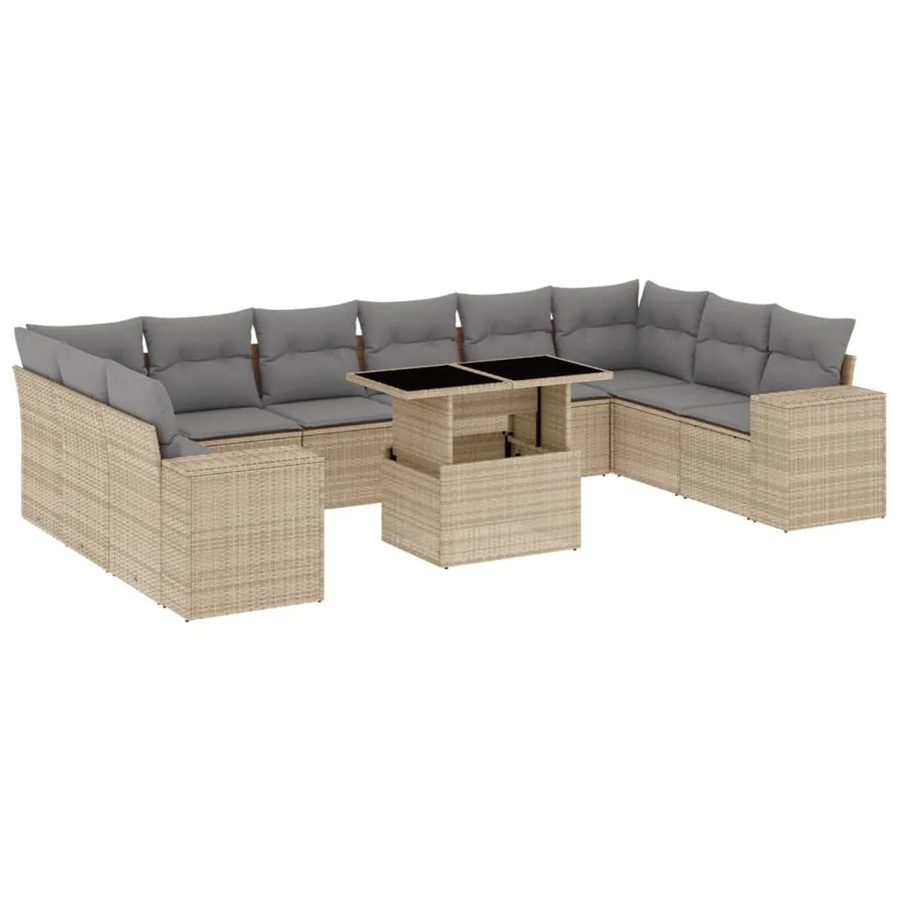 vidaXL 11-tlg. Garten-Sofagarnitur in L-Form aus beigem PE-Rattan mit wetterfesten Kissen und pulverbeschichtetem Stahlgestell - Bild 2