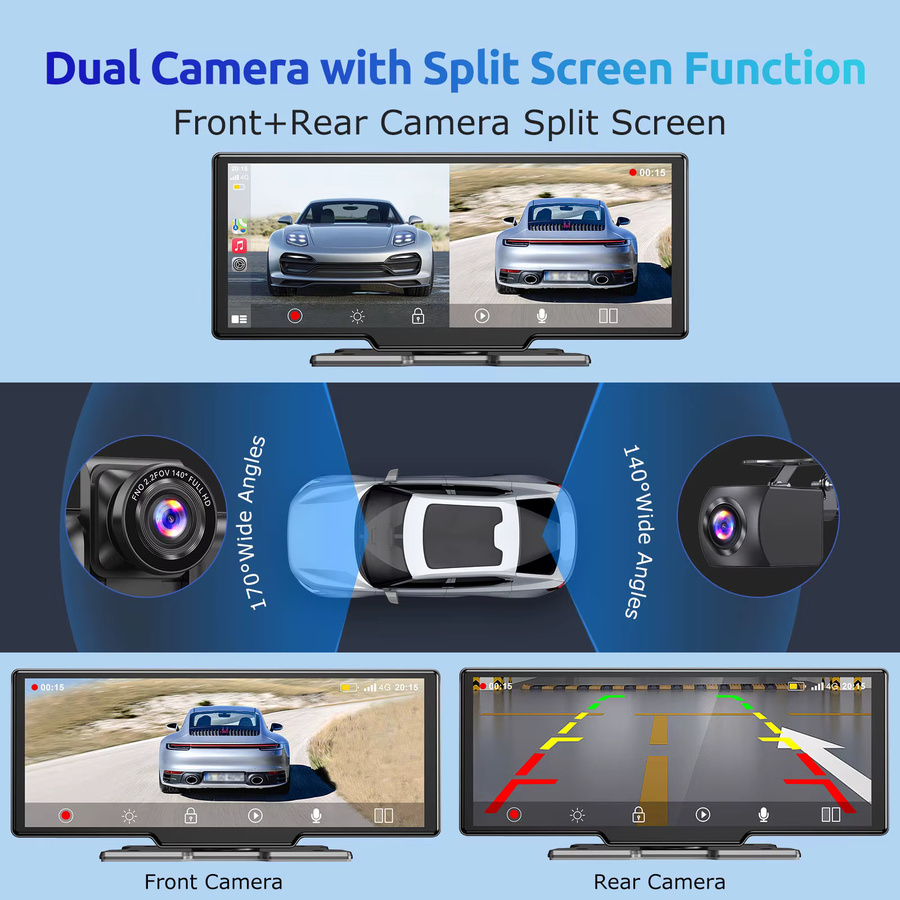 ESSGOO 4K Dash Cam mit Wireless CarPlay und Android Auto, ADAS, Bluetooth, GPS und AUX, Schwarz, 10,26 Zoll - Bild 4