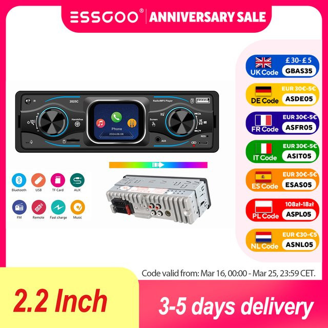 ESSGOO 1DIN MP3 Autoradio mit 2,2 Zoll TFT-Touchscreen, Bluetooth 6.0, Freisprecheinrichtung, USB, AUX, Typ-C und 7 Beleuchtungsfarben in Schwarz - Bild 1