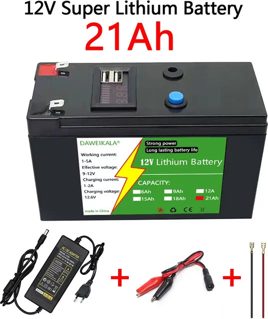 DAWEIKALA 12V Lithium-Ionen Akku 18650 3S3P 3S7P Schwarz mit 12,6V 3A Ladegerät für Solarenergie und Kinderspielzeugautos - Bild 1