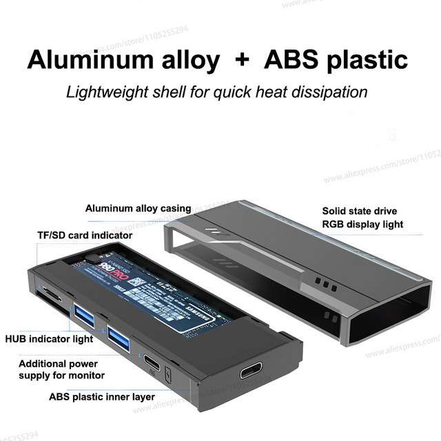 Lotorasia M.2 NVMe SSD-Gehäuse mit USB-C Anschluss, externer USB-Hub und TF/SD-Kartenleser sowie RGB-Anzeigeleuchte - Bild 1