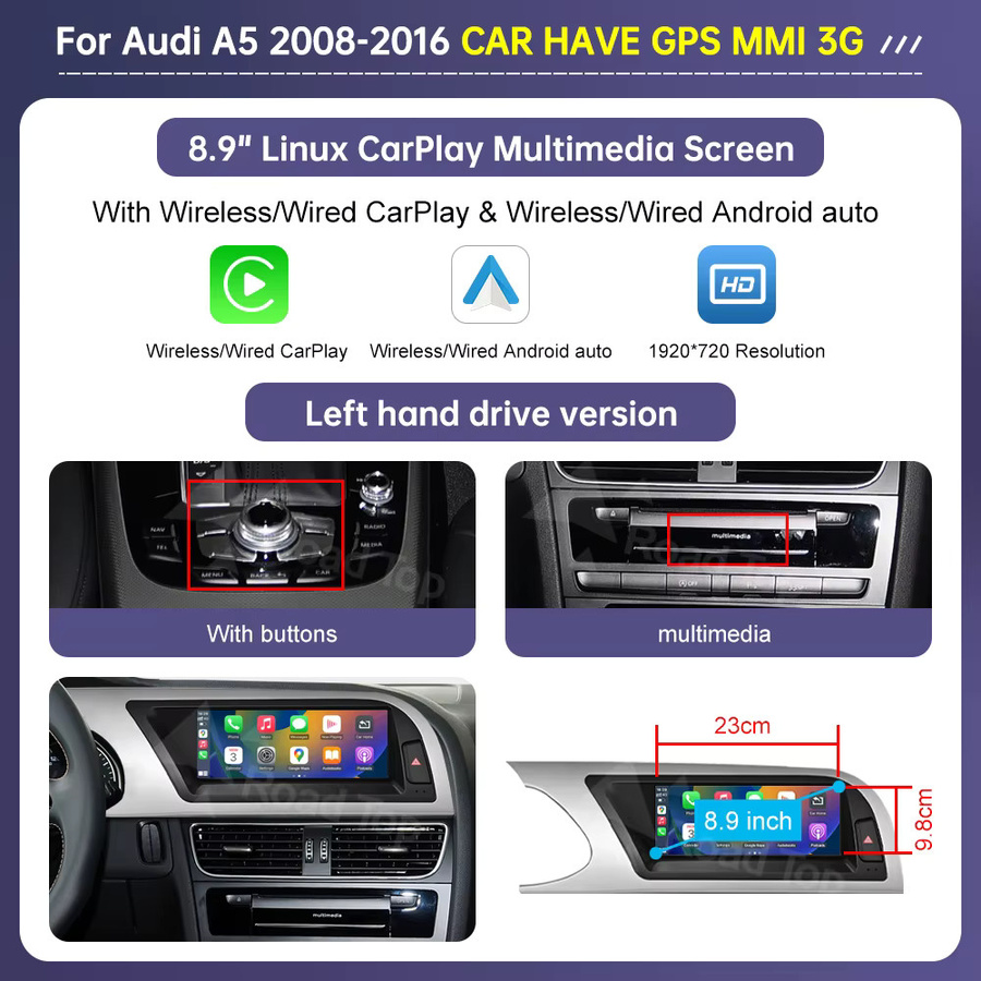 Road Top Radio Multimedia Linux Touchscreen für Audi A5 2008-2016 mit Wireless CarPlay, Android Auto, Airplay, Car Player und GPS in Schwarz - Bild 5