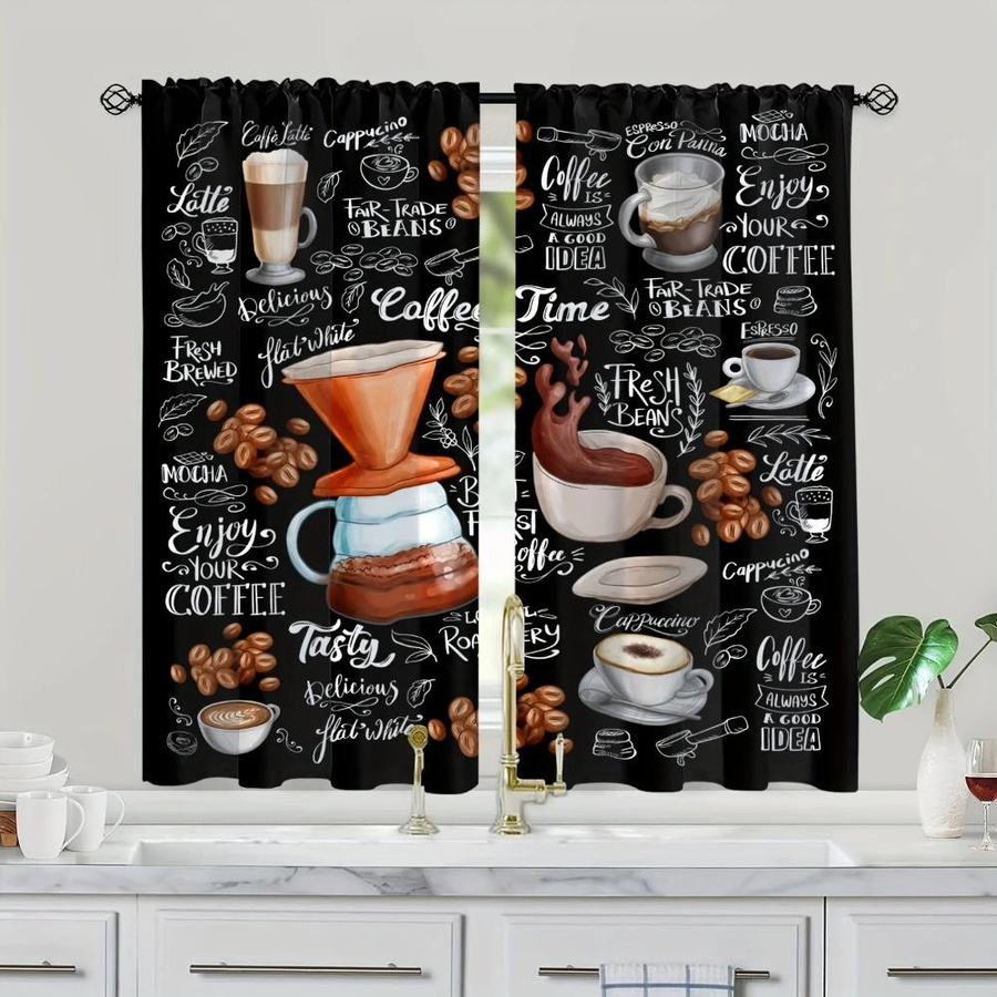 2er-Set Lichtfilternde Küchenvorhänge von Yiran Furniture mit 3D-Kaffeeillustration in Schwarz, B: 60 cm, H: 50 cm - Bild 1