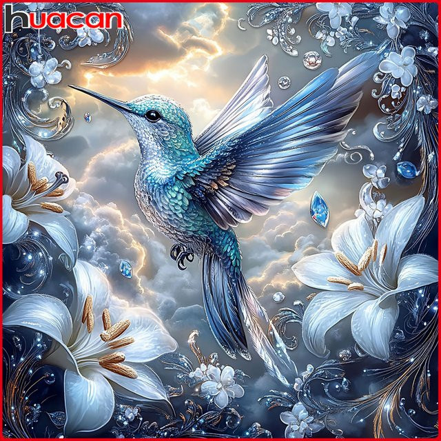 Huacan Diamant-Gemälde mit Vogel- und Blumenmotiv als Diamant-Mosaik Set mit runden Strasssteinen, B/H: 20 x 20 cm - Bild 1