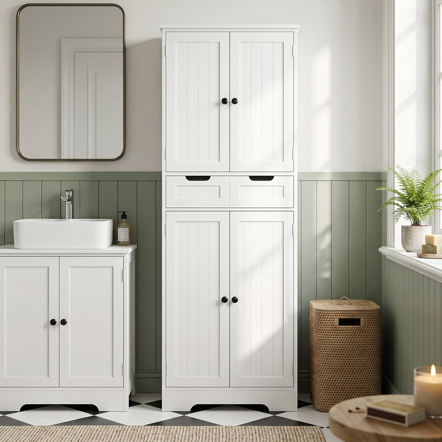 HOMCOM Badezimmerschrank als Aufbewahrungssäule mit Schublade und 4 Türen in Weiß, B/T/H: 60 x 30 x 160 cm - Bild 2