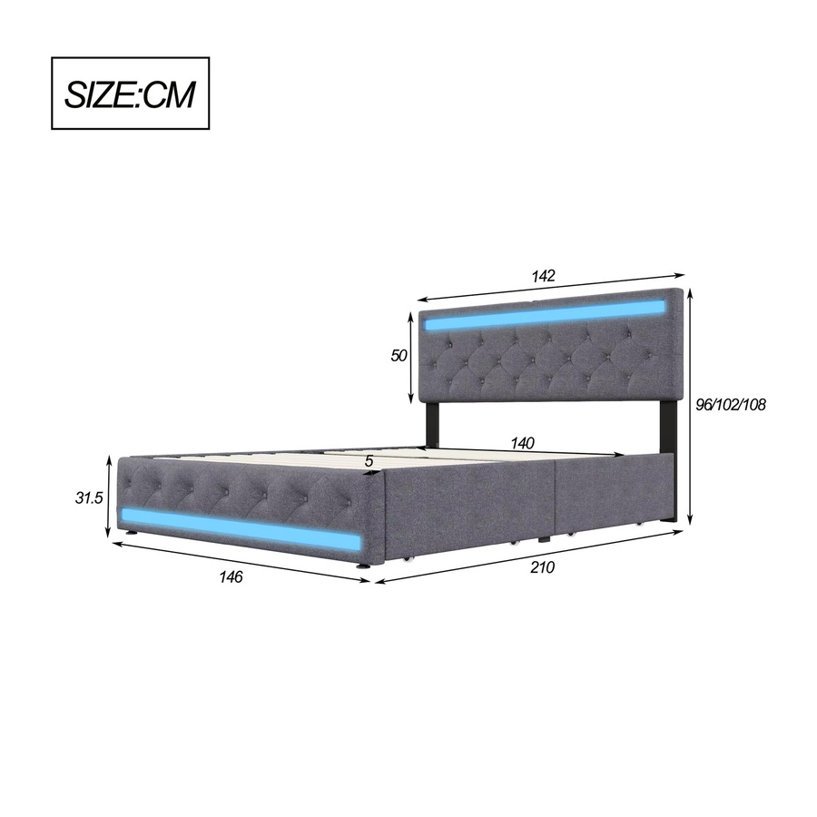 Rosahqnda Polsterbett aus Leinen in Grau mit LED-Beleuchtung, USB-Anschluss und 4 Schubladen, B/T: 140 x 200 cm - Bild 3