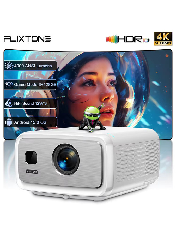 Flixtone D10S Smart Heimkino-Videoprojektor mit Android 15, 4K HDR10+, 4000 ANSI, Autofokus und Keystone-Korrektur, Weiß - Bild 5