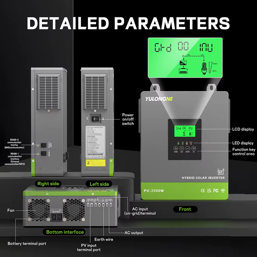YULONGNE 1800W Off-Grid Hybrid-Solarwechselrichter 12V DC zu 230V AC mit 100A MPPT-Solarregler und max. 2500W PV-Leistung in Grau - Bild 5