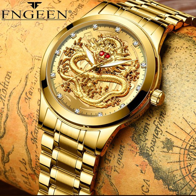 Fngeen Armbanduhr Quarz, Edelstahl, Gold, Herren, Drachen Muster - Bild 1