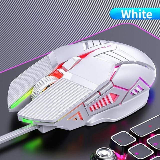 HMM Wired Gaming Mouse mit RGB LED, 6 Tasten und Silent-Klick für PC und Laptop, Weiß - Bild 1