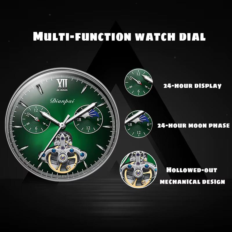 Dianpai Armbanduhr Automatik, Edelstahl, Leder, Herren, Grün - Bild 2