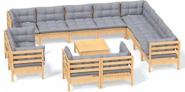 vidaXL 13-tlg. Garten-Lounge-Set aus massivem Kiefernholz in Braun-Grau mit grauen Polstern - Bild 1