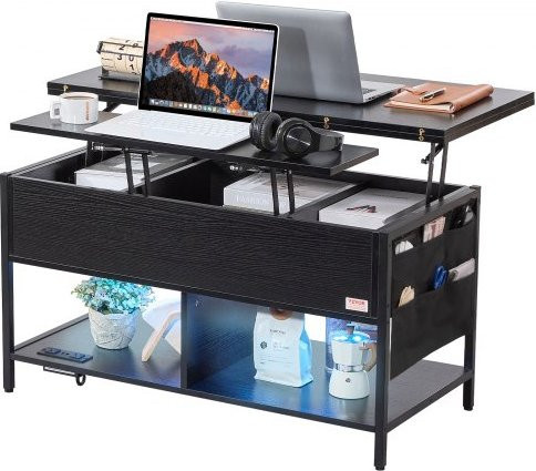 VEVOR Couchtisch mit Lift-Top und integrierter Beleuchtung, rechteckiger Wohnzimmertisch mit Steckdose und USB-Anschlüssen, Schwarz, B/T/H: 100 x 50 x 55,2 cm - Bild 1