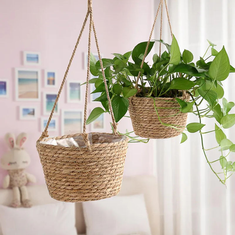 Dekorativer Blumenkorb von TOMTOP JMS aus Stroh und Jute in Braun im rustikalen Retro-Stil mit floralem Design und runder Form zum Aufhängen - Bild 5