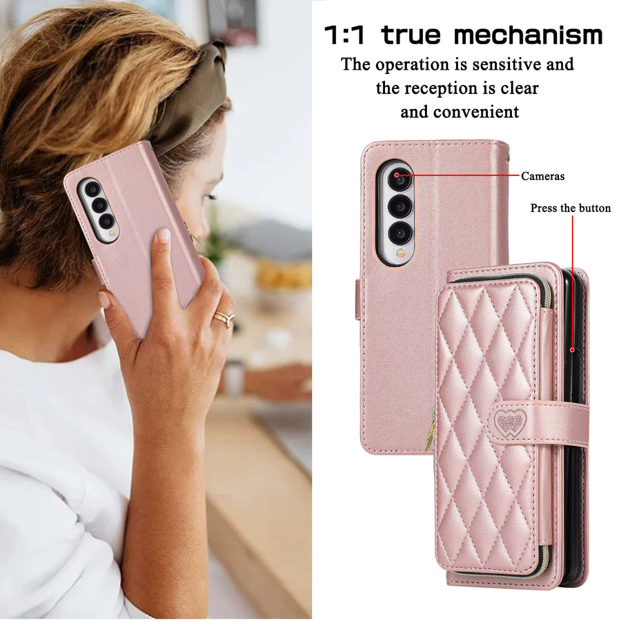 Samsung Galaxy Z Fold Brieftaschenhülle mit Kapazitätskartenhalter, Umhängeband, Reißverschluss und Magnetverschluss in Green und Pink - Bild 3