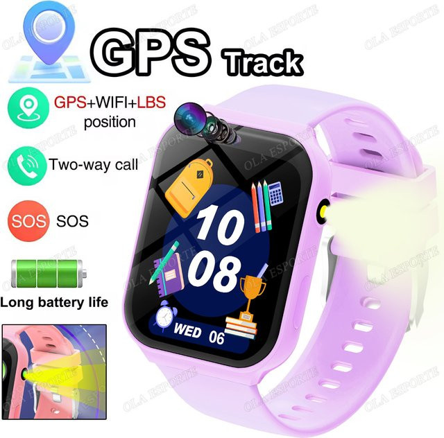 Ola Esporte Kinder Smartwatch mit LBS-Tracker, SOS-Kamera, Sprachfunktion und LED-Taschenlampe in Schwarz oder Lila - Bild 1
