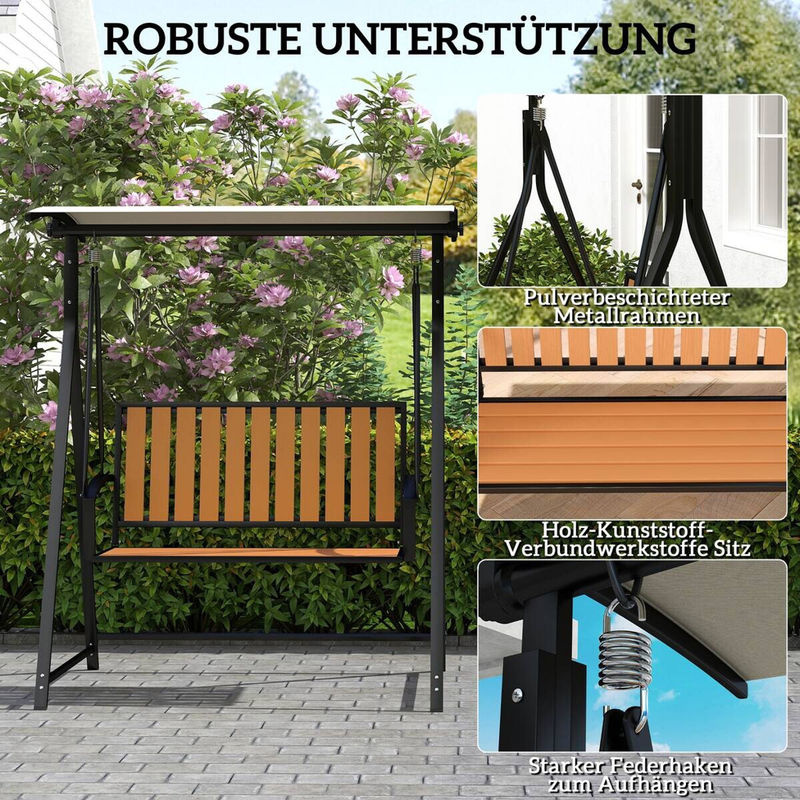 Outsunny Hollywoodschaukel 2-Sitzer aus Metall mit verstellbarem Sonnendach, Schwarz/Beige, B/T/H: 142 x 112 x 162 cm - Bild 4