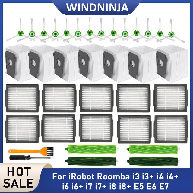 WINDNINJA Ersatzteil-Set für iRobot Roomba E5 E6 E7 i3 i3+ i4 i4+ i6 i6+ i7 i7+ i8 i8+ mit Hauptseitenbürste und Filtern aus Kunststoff - Bild 1