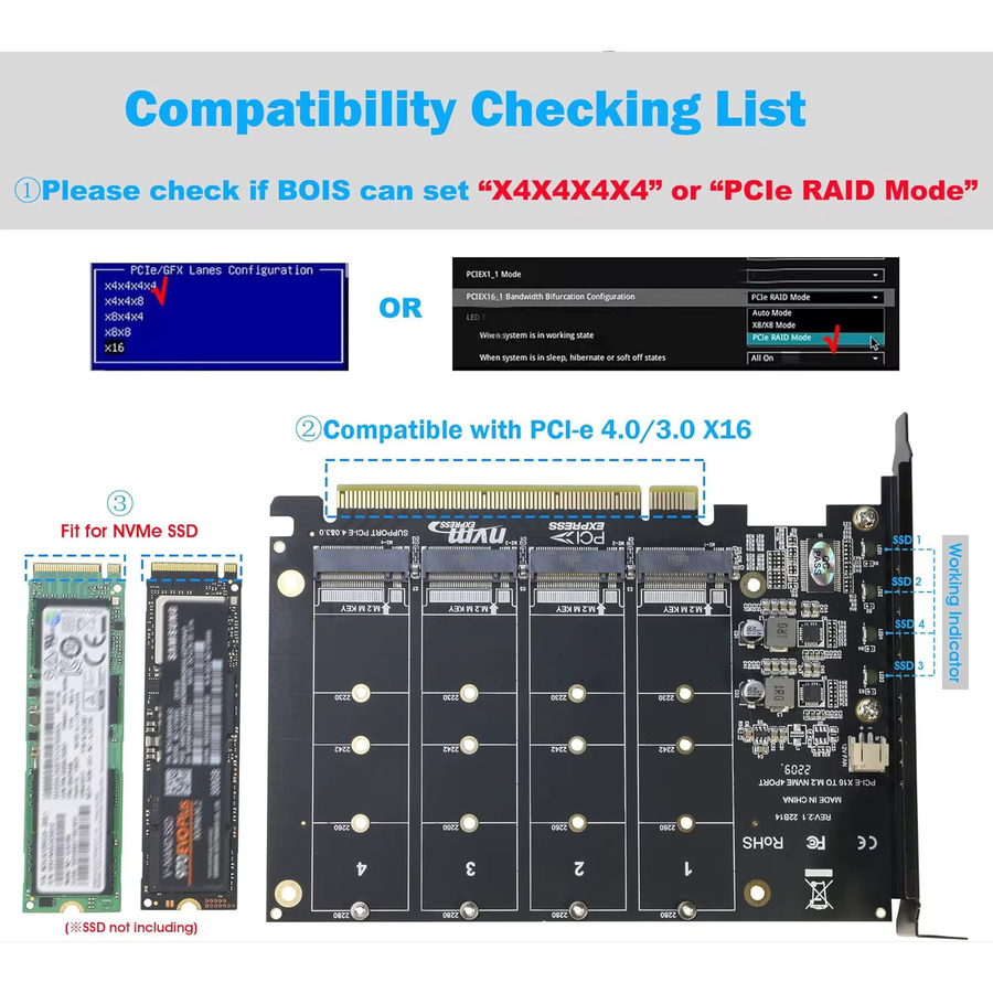 RIITOP 4-Port NVMe PCIe-Adapter zur Erweiterung von M.2 SSDs (2280/2260/2242/2230) mit Kühlkörper, Farbe: Schwarz - Bild 3