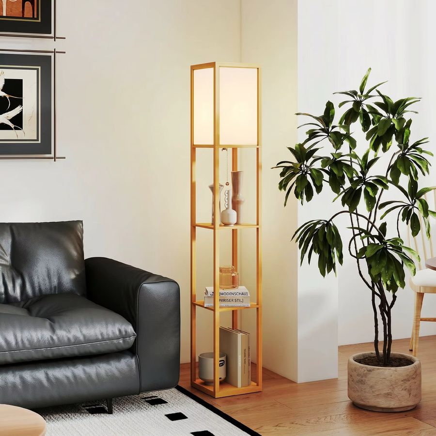 HOMCOM Stehlampe mit Regalen in Rotbuche, Stehleuchte mit Acryl-Lampenschirm und E27 Fassung, Standlampe für Wohnzimmer, Schlafzimmer oder Büro, Höhe: 160 cm, Breite: 26 cm, Tiefe: 26 cm - Bild 6