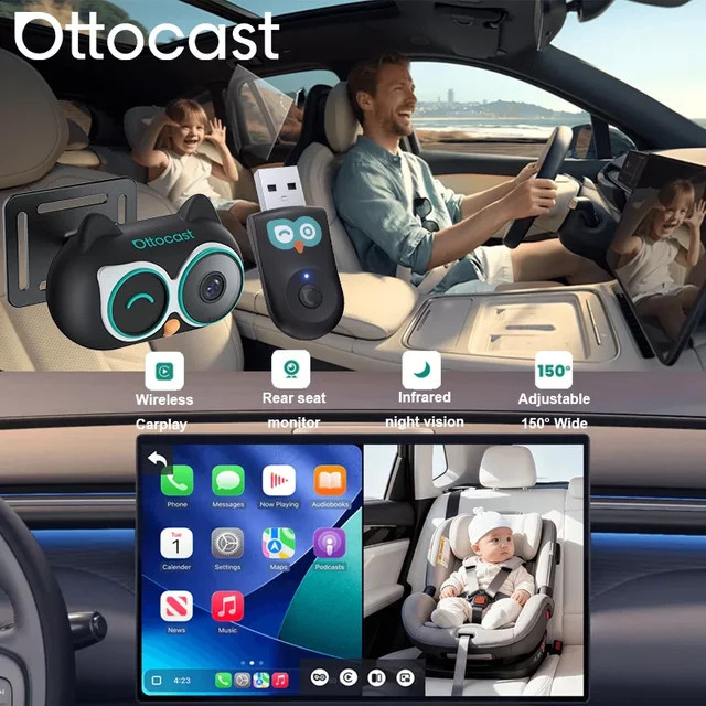 Ottocast Cabin Care Wireless CarPlay Adapter mit 1080P Auto-Rücksitzkamera, 150 Grad Weitwinkel und Nachtsicht für Kinder und Haustiere, Schwarz - Bild 1