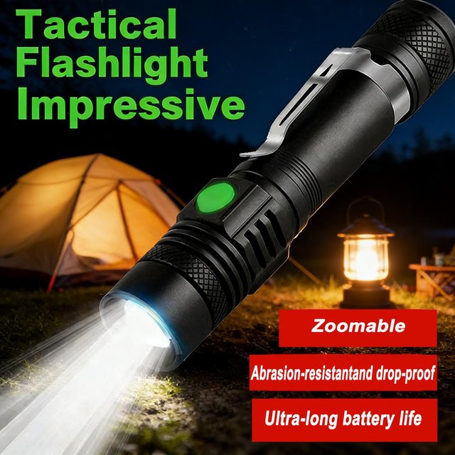 Taktische LED-Taschenlampe aus Aluminiumlegierung in Schwarz, USB-aufladbar und wasserdicht für Outdoor und Camping - Bild 1