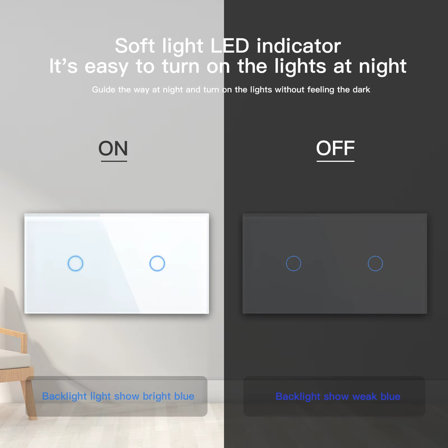 BSEED Touch-Schalter doppelt, 1 Gang, 1 Weg, Wandlichtschalter mit blauem LED-Hintergrund und Glas-Sensorbildschirm, Weiß - Bild 2