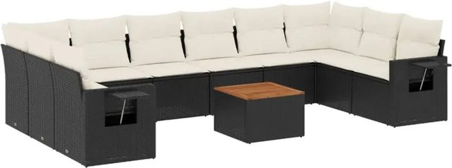 vidaXL 11-teilige Garten-Sofagarnitur aus Poly-Rattan und Akazienholz in Schwarz-Creme mit Kissen - Bild 1