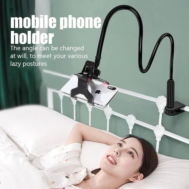 Flexibler 360 Grad Clip Handy Halter in Schwarz für Schreibtisch und Bett, Tragbarer Smartphone Ständer mit 75 cm Reichweite - Bild 1