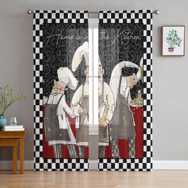 Retro Tüll Voile Vorhang in Schwarz Weiß Kariert für Küche und Wohnzimmer, transparent, Breite: 135 cm, Höhe: 115 cm - Bild 1