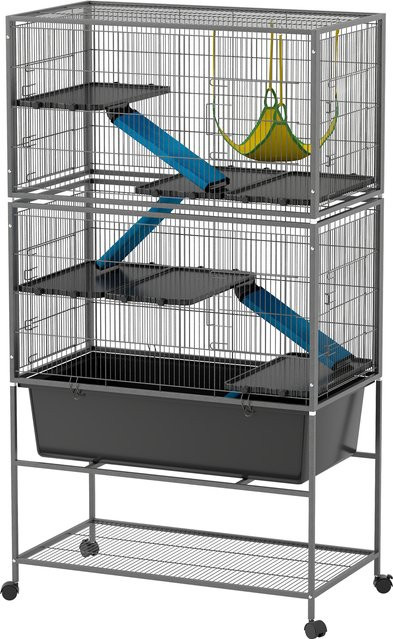 PawHut Kleintierkäfig von Aosom mit ausziehbarem Tablett, Rampen, Hängematte und Rollen in Dunkelgrau - Bild 1