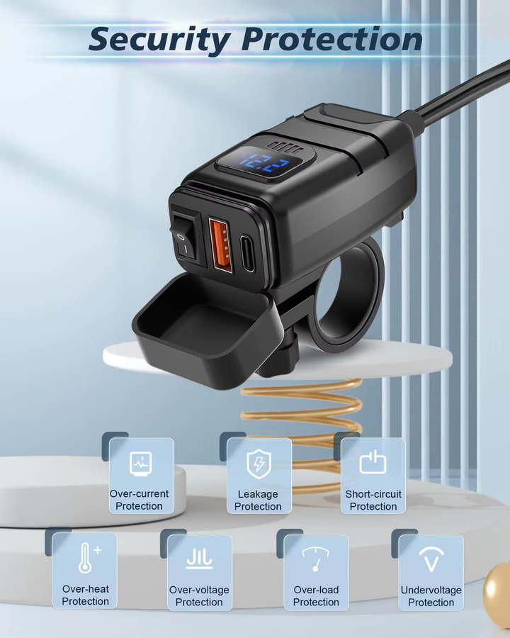 Extractme Motorrad USB Schnellladegerät mit USB-C Port, Wasserdichtes Ladegerät mit LED Digital Voltmeter für Fahrrad und Motorrad in Schwarz oder Blau - Bild 2