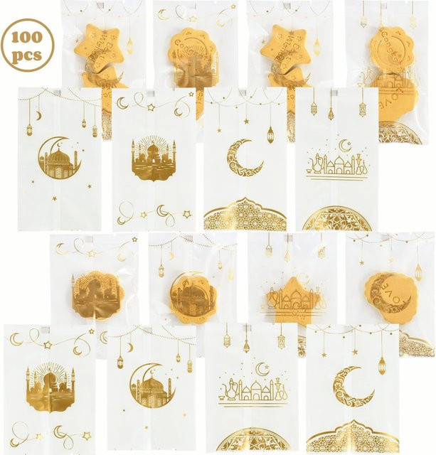 ZQCXLD Ramadan Transparente Kekstüten mit Golden Moon und Star für Eid Mubarak Süßigkeitentüten aus Kunststoff in Gold und Transparent - Bild 1